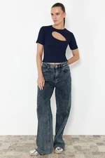 Trendyol Navy Blue Cut Out Fitted Crew Neck Crop Ribbed Stretchy Knitted Blouse