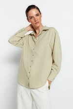 Trendyol Light Khaki Single Pocket Boyfriend/Wide Fit Cotton Woven Shirt