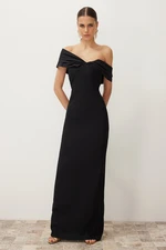 Trendyol Black Fitted Asymmetrical Collar Woven Poplin Long Evening Evening Dress