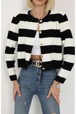 74390 Dewberry Crew Neck Striped Crop Cardigan-BLACK