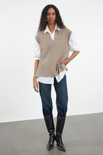 Trendyol Mink Soft Texture V Neck Side Slit Knitted Sweater