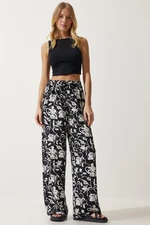 Happiness İstanbul Women's White Black Patterned Flowy Viscose Palazzo Trousers