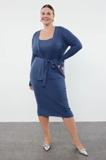 Trendyol Curve Indigo Corded Belted Midi Size 2-Piece Knitwear Cardigan-Dress