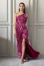 Trendyol Burgundy-Multicolor A-Cut One Shoulder Woven Tulle Long Elegant Evening Dress