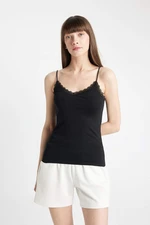 DEFACTO Fall In Love Regular Fit Lace Detailed Thin Strap Cotton Black Undershirt