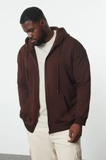 Trendyol Brown Plus Size Oversize Basic Hooded Zippered Inside Fleece Cotton Sweatshirt