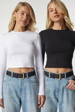 Happiness İstanbul Women's Black and White Basic 2 Pack Knitted Crop Blouse