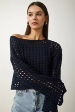 Happiness İstanbul Women's Navy Blue Openwork Crop Knitwear Sweater