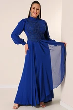 By Saygı Bead Embroidered Lined Flounce Front Plus Size Long Chiffon Dress