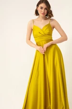 Lafaba Women's Pistachio Long Satin Evening Dress & Prom Dress with Thread Straps and Waist Belt