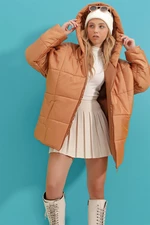 Trend Alaçatı Stili Damskie Camel Kaptur Fleto Kieszeń Puffer Modny Oversize Płaszcz puchowy