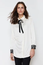 Trendyol Stone Collar Bow and Lace Detailed Satin Woven Shirt