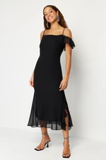 Trendyol Black Flounce Woven Chiffon Elegant Evening Dress