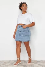 Trendyol Curve Light Blue Stitching and Tassel Detailed Mini Denim Skirt