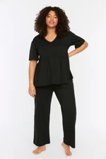 Trendyol Curve Black V-Neck Knitted Pajamas Set