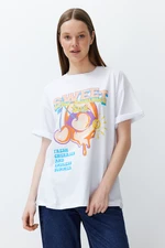 Trendyol White*001 100% Cotton Printed Boyfriend Fit Crew Neck Knitted T-Shirt