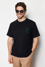 Trendyol Black Relaxed/Comfortable Fit Velvet Printed 100% Cotton T-Shirt