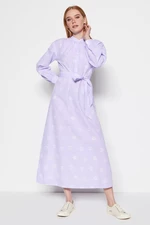 Trendyol fialové pásové a kockované kvetinové vzorované pletené šaty s polovičnými labkami