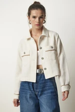 Happiness İstanbul Women's Cream Shiny Stone Short Jacket