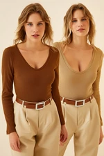 Happiness İstanbul Women's Brown Biscuit V-Neck 2-Pack Knitted Blouse