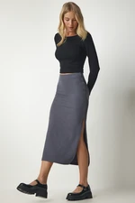 Happiness İstanbul Women's Dark Gray Slotted Corduroy Knitted Pencil Skirt