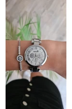 Polo Air Roman Numeral Women's Wristwatch and Zircon Stone Evil Eye Bracelet Combination Silver Color