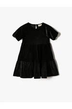 Koton Velvet Silvery Dress With Short Balloon Sleeves Tiered Round Neck