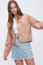 Trend Alaçatı Stili Women's Light Beige Crop Denim Jacket