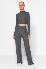 Trendyol Anthracite Stand-Up Collar, Soft Crop and Wide Leg/Wide Leg Knitted Top-Top Set