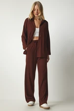 Happiness İstanbul Women's Brown Camisole Oversize Shirt and Pants Suit