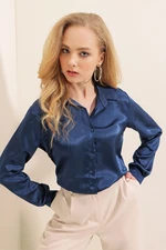 Bigdart 3964 Lightly Flowy Satin Shirt - Navy Blue