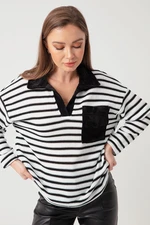 Lafaba Women's Black Shirt Collar Striped Blouse