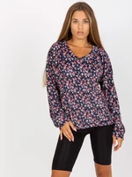 RUE PARIS Dark blue velour blouse with V-neck