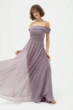 Lafaba Women's Lavender Thin Strap Boat Neck Silvery Long Evening Dress