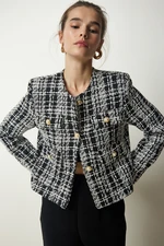 Happiness İstanbul Women's Black and White Stylish Buttoned Woven Tweed Jacket