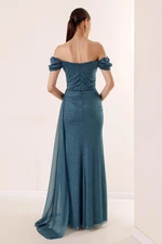 By Saygı Pleated Low Sleeves Lined Glittery Long Dress With Pleats Oil