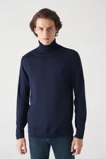 Avva Men's Navy Blue Full Turtleneck Wool Blended Regular Fit Knitwear Sweater