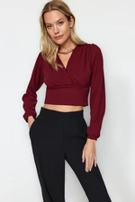 Trendyol Claret Red Crepe Crop Double Breasted V-Neck Knitted Blouse