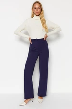 Trendyol Navy Blue Ribbed High Waist Straight Fit Knitted Pants