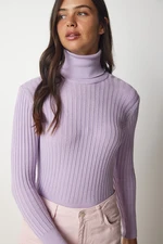 Happiness İstanbul Women's Lilac Turtleneck Corduroy Basic Sweater