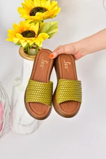 Fox Shoes Green Genuine Leather Women's Thick Banded Knitted Model Daily Slippers