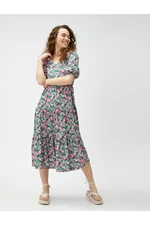 Koton Floral Midi Dress with Balloon Sleeves, V-neck and Ruffles