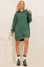 Trend Alaçatı Stili Women's Walnut Green Hooded Sweatshirt Dress