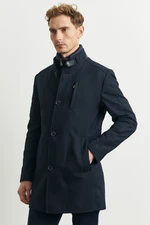 ALTINYILDIZ CLASSICS Men's Navy Blue Standard Fit Normal Cut Woolen Winter Coat with Leather Vest