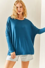 XHAN Petrol Blue Bat Sleeve Crew Neck Blouse