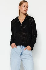 Trendyol Black Polo Collar Knitwear Sweater with Openwork/Perforations