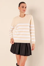 Bigdart 15820 Button Detailed Striped Sweater - Beige