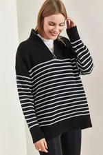 Bianco Lucci Women's Turtleneck Zippered Stripe Knitwear Sweater