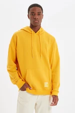 Trendyol Men's Yellow Basic Hooded Oversized Sweatshirt with Labels and a Soft Pile Inside Cotton