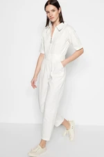 Trendyol Belted Weave Zipper Detailed Jumpsuit in Ecru